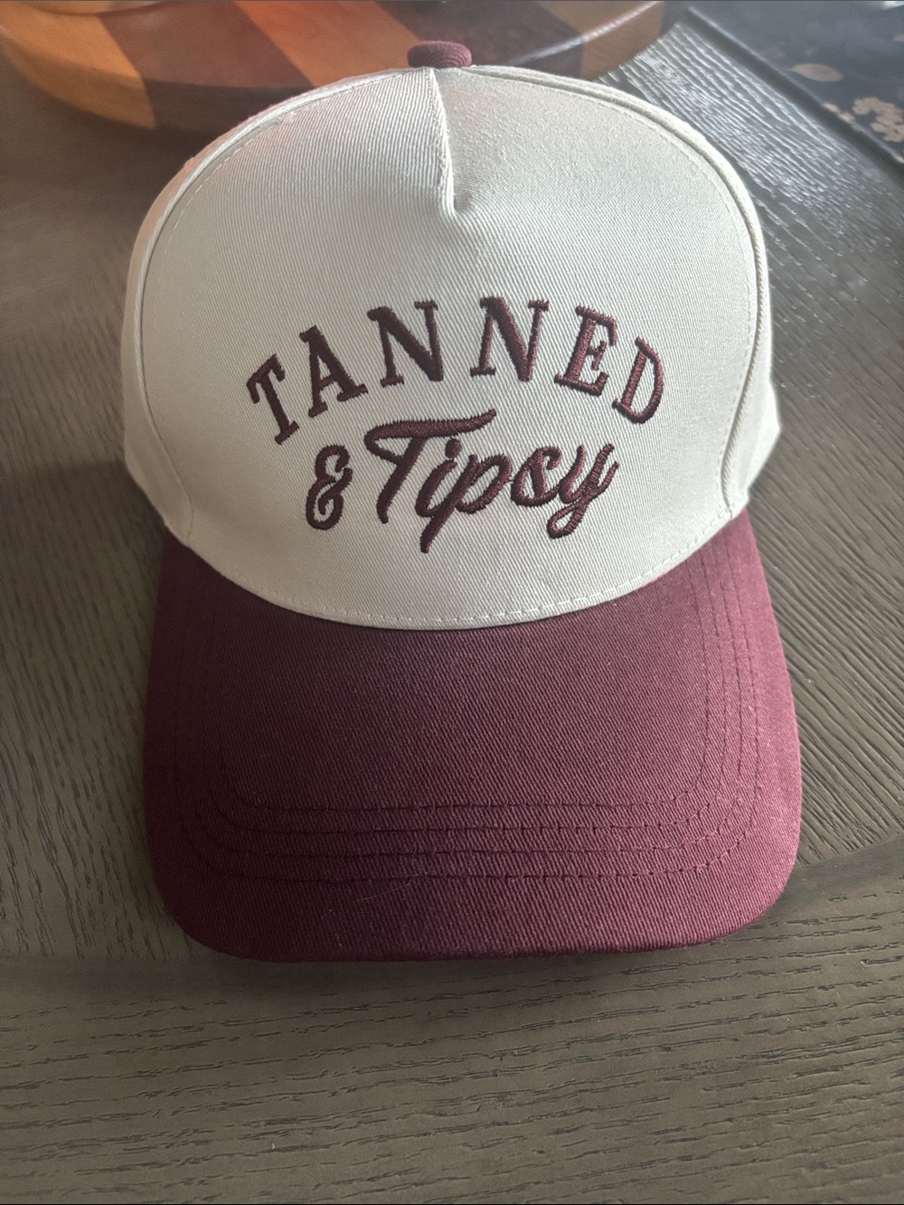 Zenana Outfitters 'Tanned & Tipsy' Two-Tone Trucker Hat - Cream and Burgundy